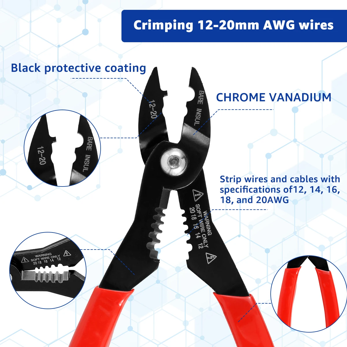 Wire Stripper Portable Wire Cutter Handheld Cable Stripper Crimper Chrome Vanadium Steel for 12/14/16/18/20AWG Cable Wire