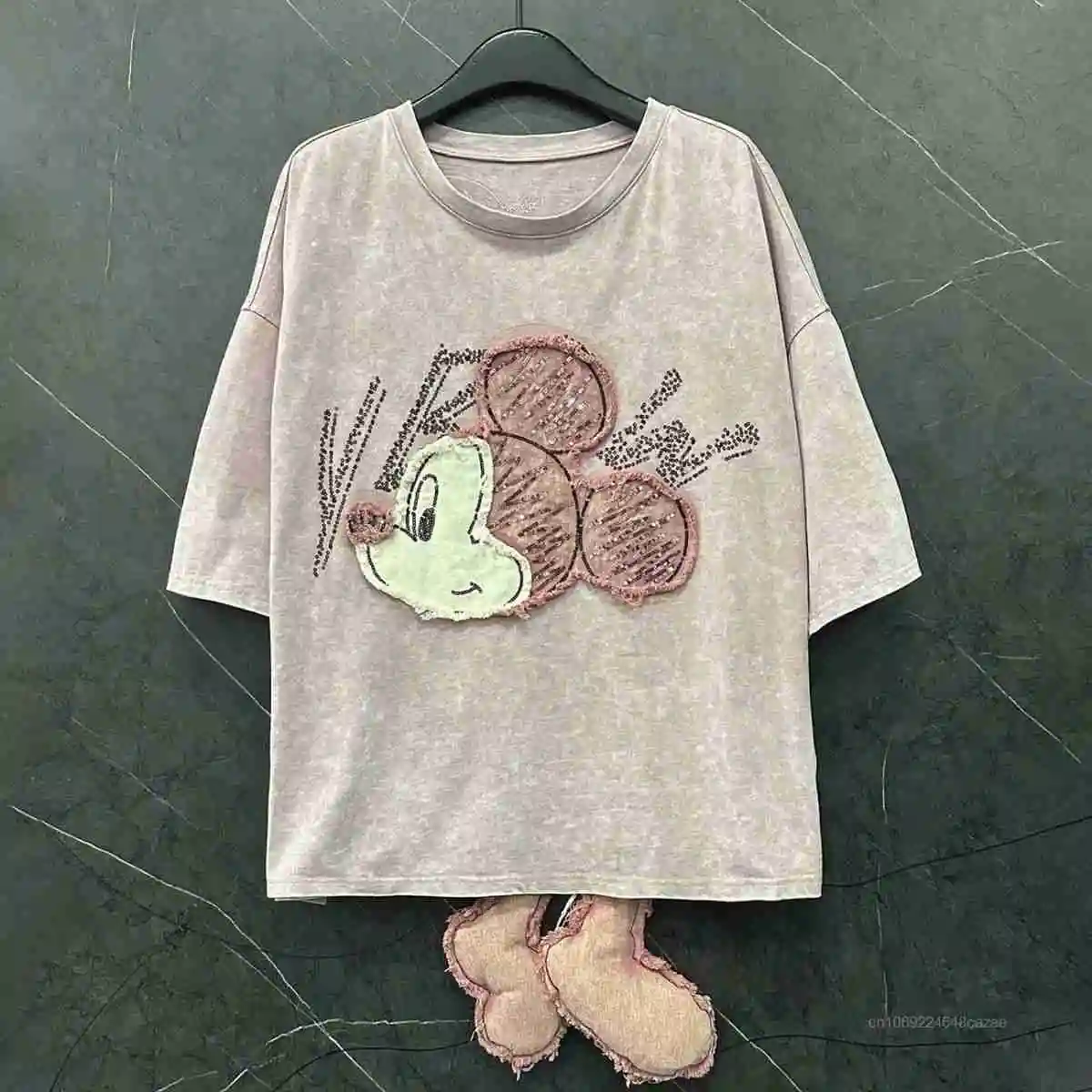 디즈니 미키 마우스 2025 여름 새 티셔츠 중공업 디자인 만화 반팔 티셔츠 여성 루즈 캐주얼 스위트 소녀 탑