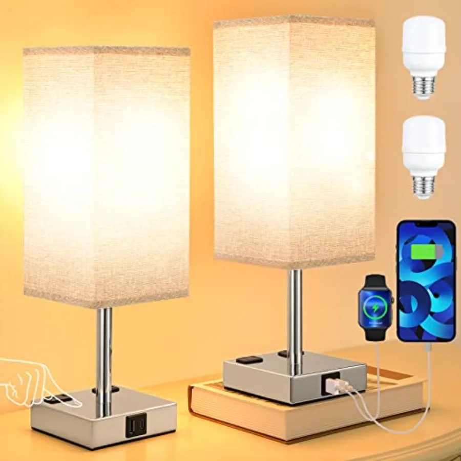 

Gray Set of 2 Touch Lamps with USB Port Nightstand Lamp with USB-C+A Charge Ports and AC Outlets, 3-Way Dimmable Bedside Lamp,