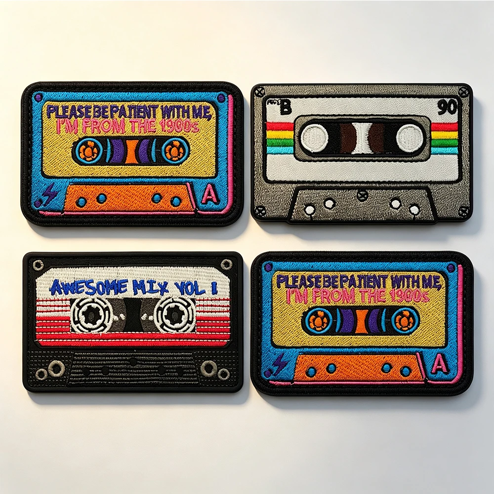 Retro Cassette Tape Embroidered Patch with Hook And Loop Vintage 90s Music Badge for DIY Decor Applique on Backpack Jacket Vest