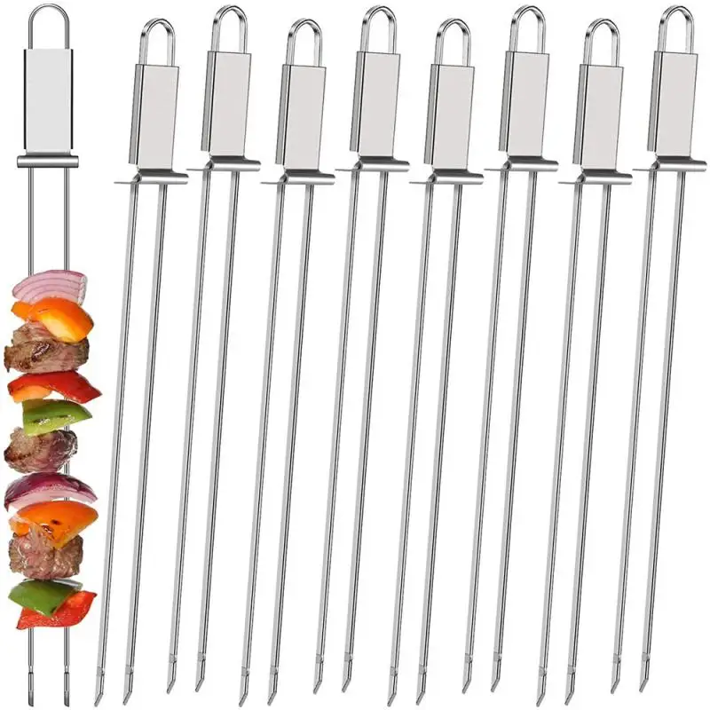 Barbecue Grill Fork Stainless Steel Semi-automatic Double Head Metal Skewers Portable BBQ Fork For Camping Picnic Grilling BBQ