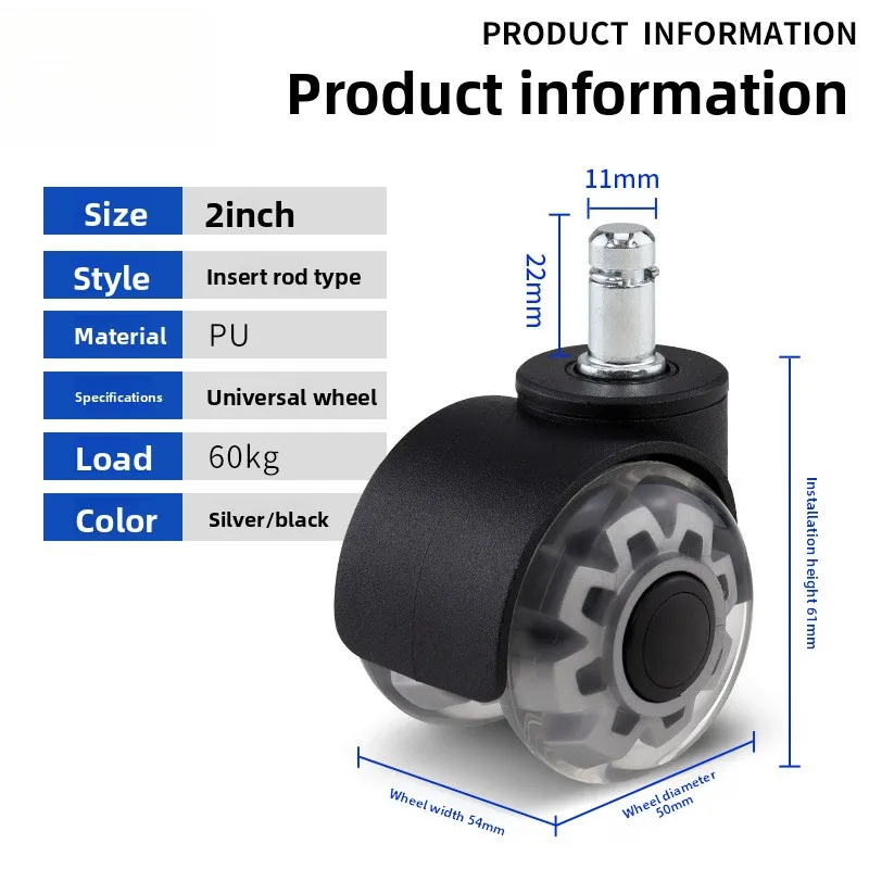 2‑Inch Grip‑Ring Stem PU Swivel Caster Wheel With Bearing Mute Roller Office Gaming Chair Furniture Hardware
