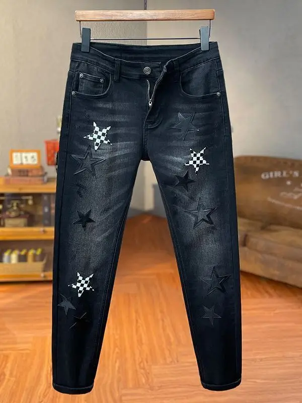 

Slim Fit Men's Jeans ey Elastic Waist Five-Pointed Star Casual Versatile Long Trousers Spring Autumn New Sle Bla Jeans
