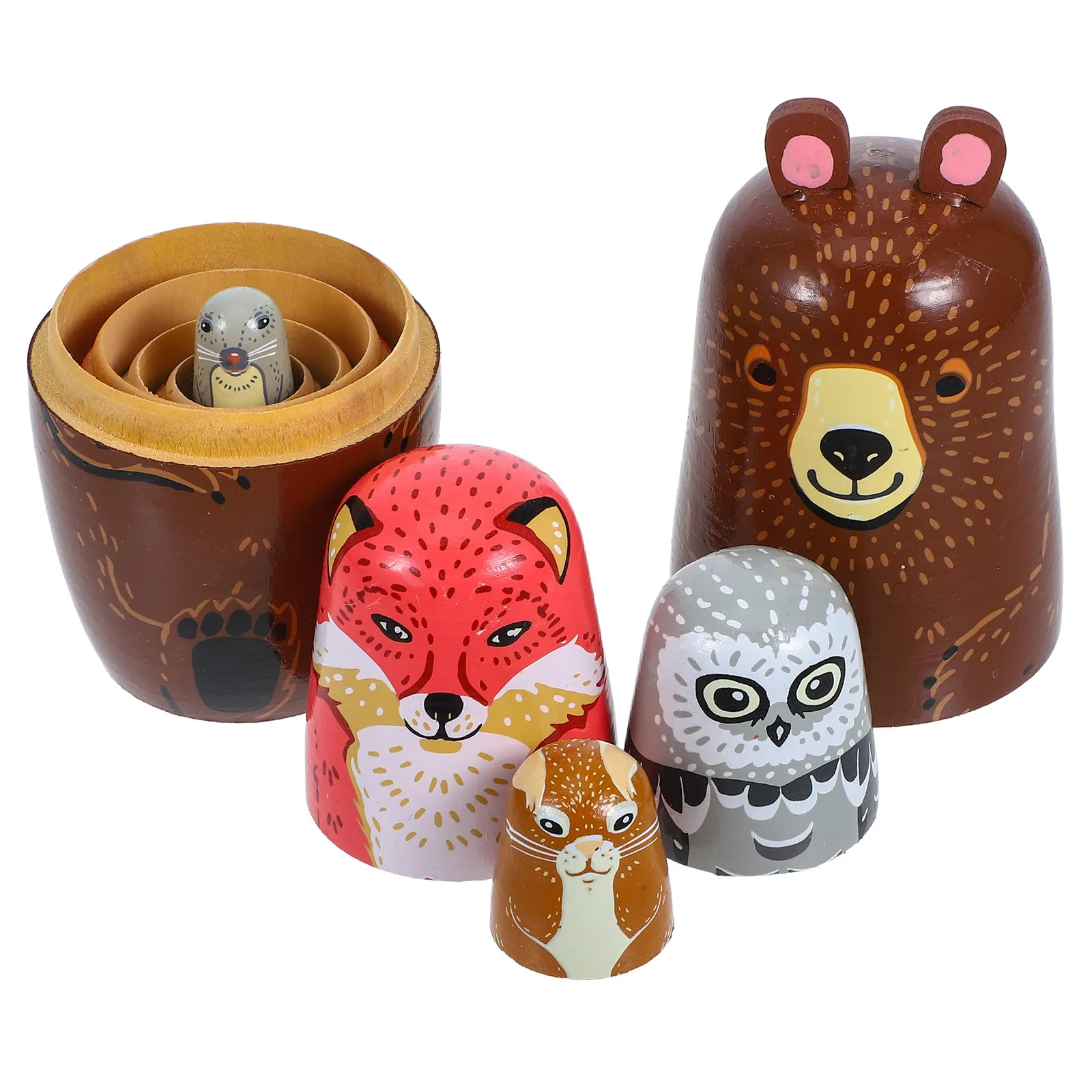 5pcs-wooden-forest-bear-nesting-set-unique-animal-themed-matryoshka-for-kids-hand-eye-coordination-decor-russian-crafted
