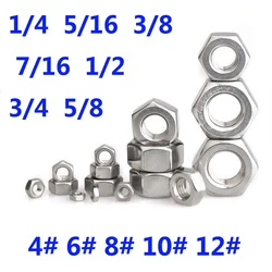 A2 304 Stainless Steel Inch Hex Hexagon Nut for 4-40 6-32 8-32 10-24 1/4 5/16 3/8 7/16 1/2 3/4 5/8 Inch Hex Hexagon Nut Screw