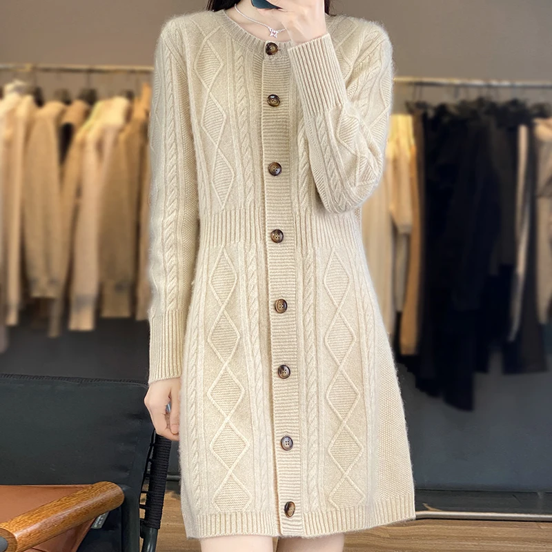 

WOTEEWS Hot Selling 100% Wool Knitted Women's O-Neck Sweater Slim Fit Fashion Autumn/Winter Long Women's Pure Wool Dress Sweater