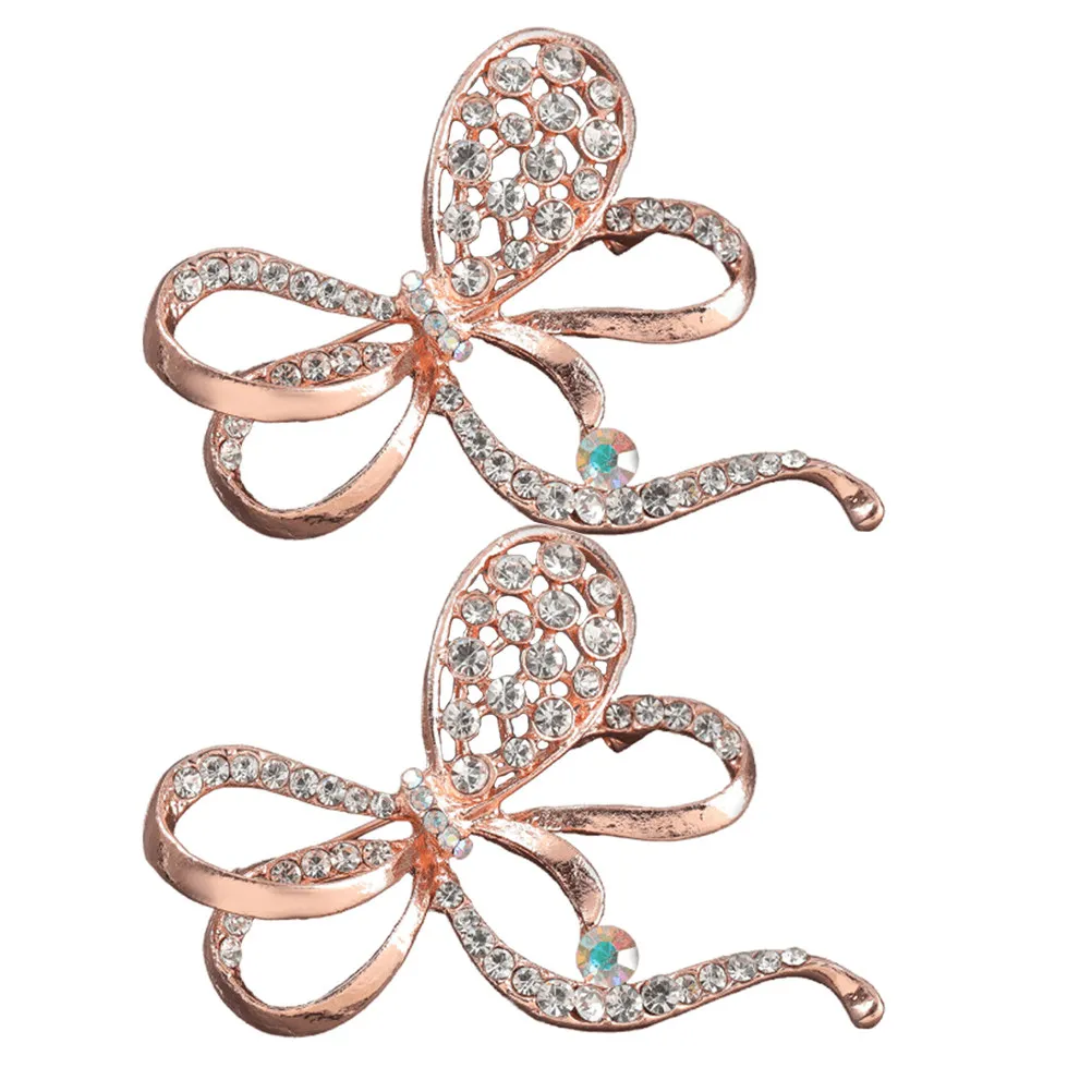 2Pcs Bowknot Brooch Pin Alloy Rhinestone Inlaid Women Elegant Clothing Decor Skirt Label Pin Wedding Formal Brooch Jewelry