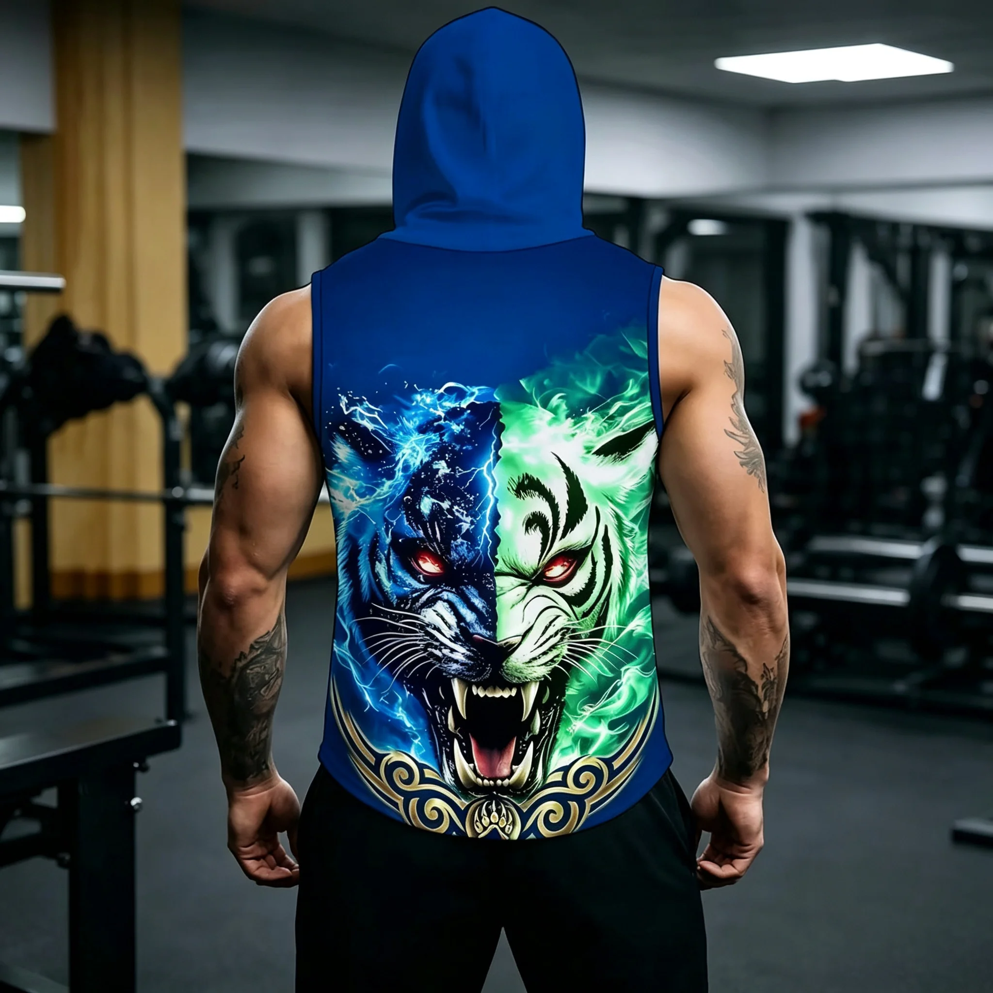 Men Hooded Sleeveless Tank Top 3D Tiger Head Print Gym Muscle Vest Workout Bodybuilding Fitness Sports Hoodie Sleeveless Shirt