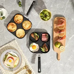 1pc Medical Stone Four-Hole Omelette Pot Household Non-Stick Flats-Bottomed Egg Dumpling Pot Breakfast Egg Burger Frying Pan