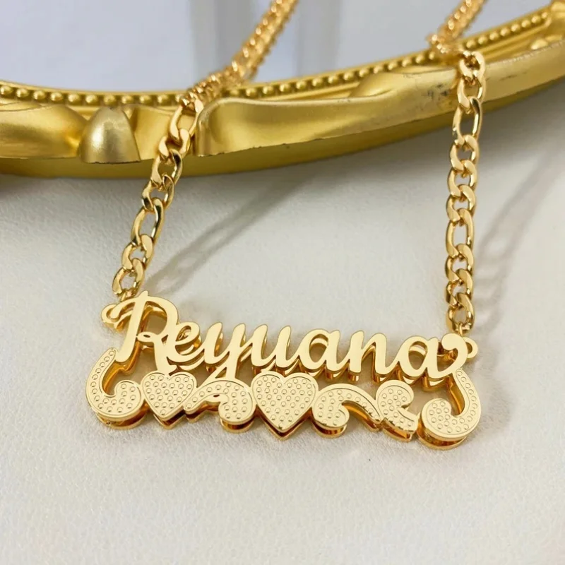 Roro's Customzied Double Plated 18K Gold Name Necklace Custom 3D Nameplate Necklace Stainless Steel Pendent Figaro Chain Gift