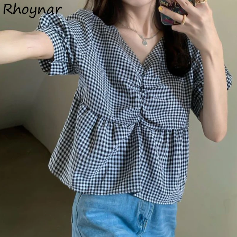 

Women Shirt V-neck Plaid Pleated Puff Sleeve All-match Loose Fit Korean Fashion Design Unique Ins Summer Students Tops Vintage