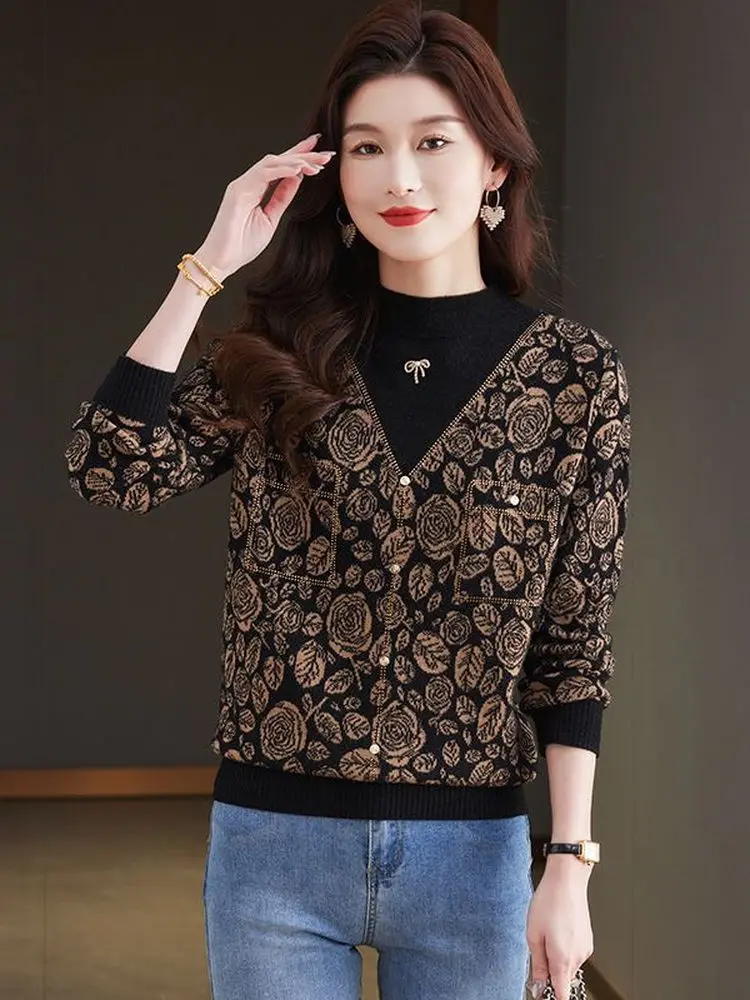 

Women's Half High Collar Knitwear Loose Wool Base Shirt Autumn Winter New Style Fashionable Mom Casual Long Sleeve Crew Neck