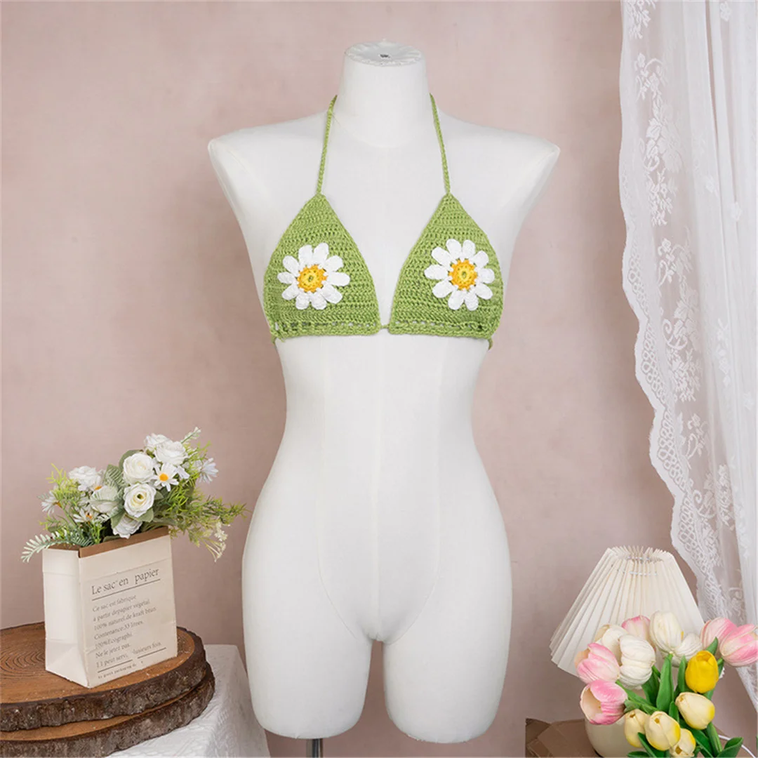 2026 Neues Sexy Blumen-Halterneck-Bikini-Oberteil aus Häkelstrick für Damen, Badeanzug, Badebekleidung, Bademode, Badeanzug V7310 – Detail 5