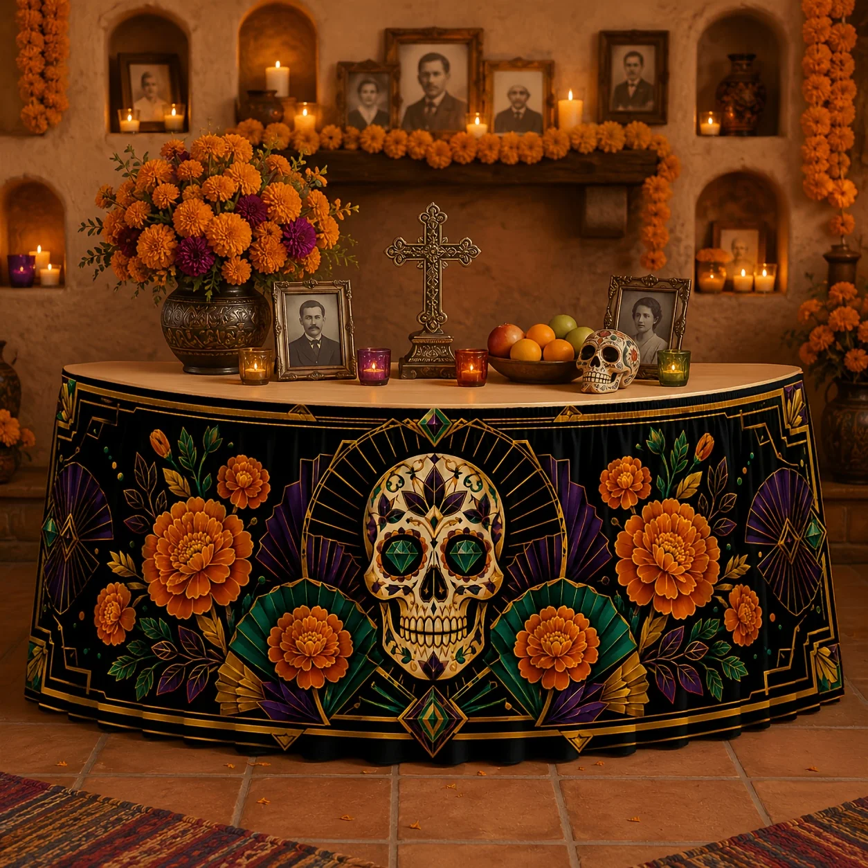 One tablecloth or table skirt, candy skull, yellow lotus root, artistic decorative pattern, table mat, suitable for dining.zyc