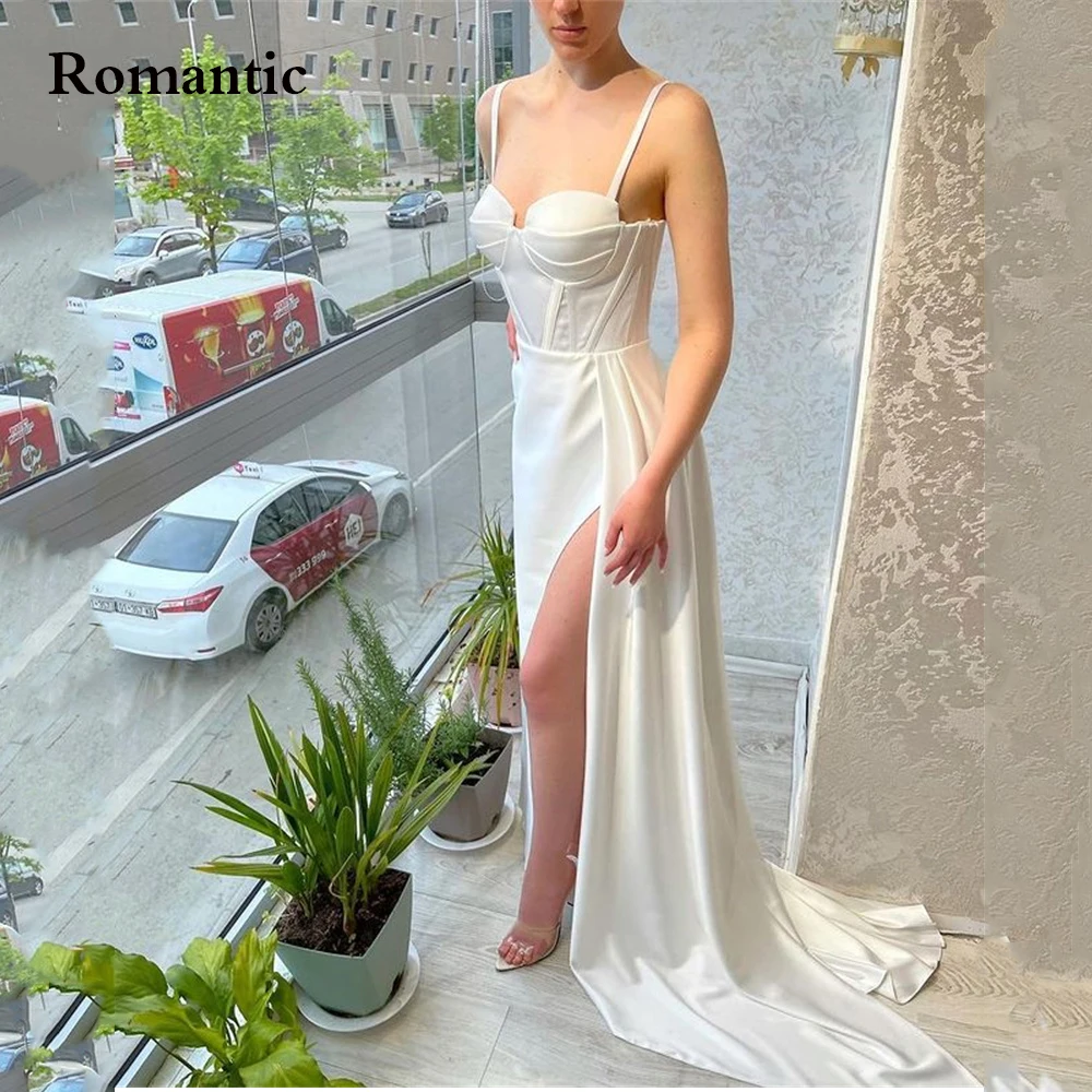 

Romantic White Satin Evening Dress A Line Sexy Side High Silt Spaghetti Strap Sweetheart Party Gown Floor Length For Prom Dress