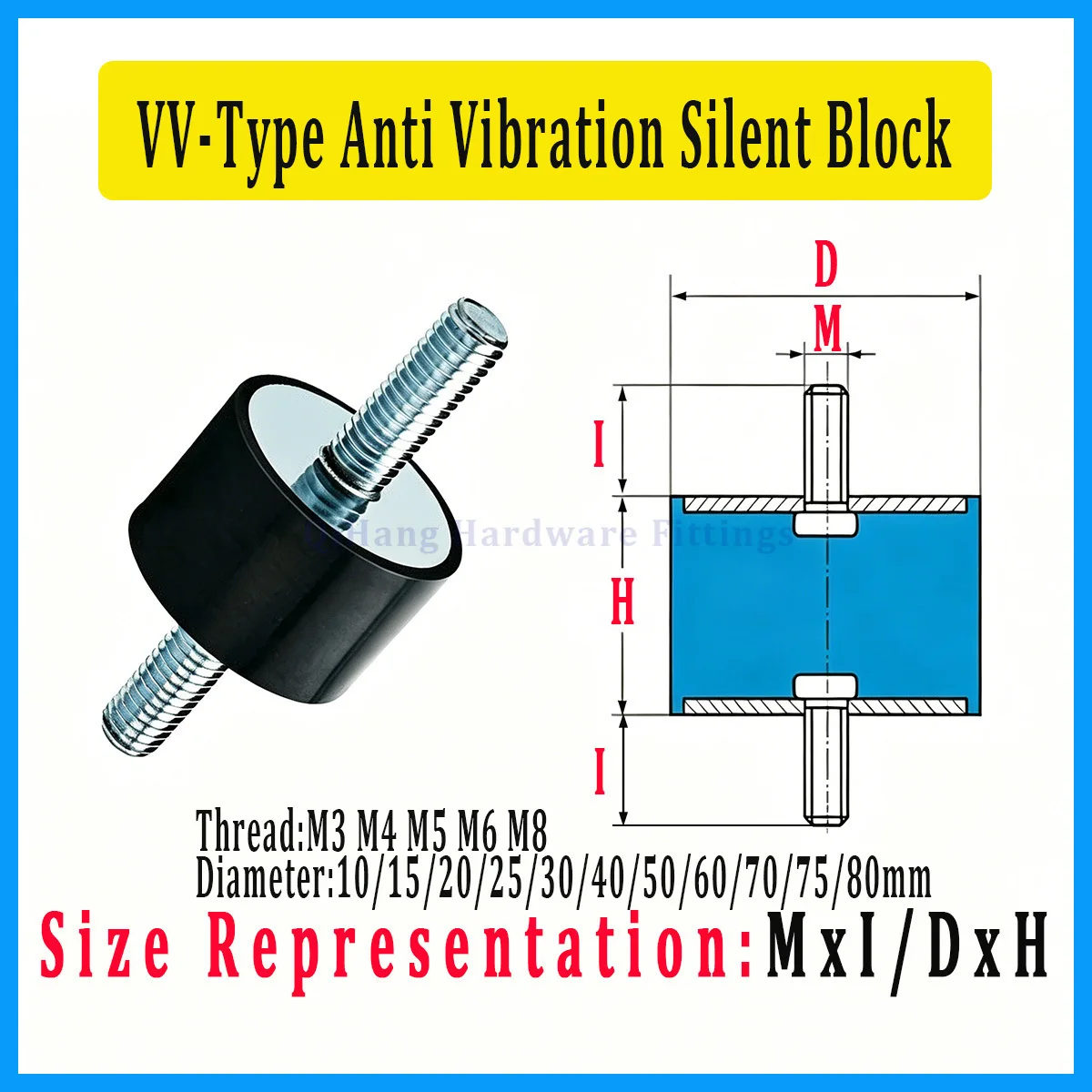 M3-M8 Male Thread Rubber Mount, VV-Type Anti Vibration Silent Block, Dia 8-40mm Shock Absorber for Industrial DIY