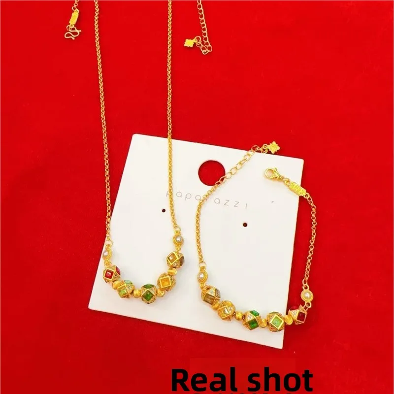 Chinese Style Good Luck Blessing Rainbow Candy Gold Color Necklace Bracelet Set For Women Fashion Luxury Niche Design Wealth Att