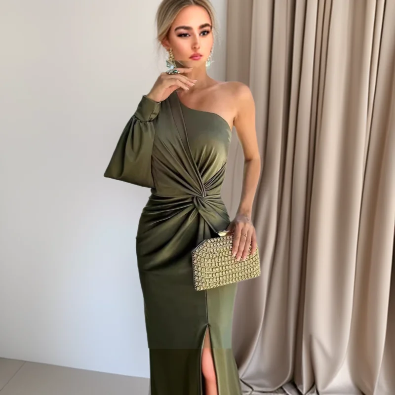 

Luxury Brand Party Dress Women Summer New Off-Shoulder Knotted Slit Solid Slim-Fit Dresses Vestidos Sexy Dress Birthday Wedding