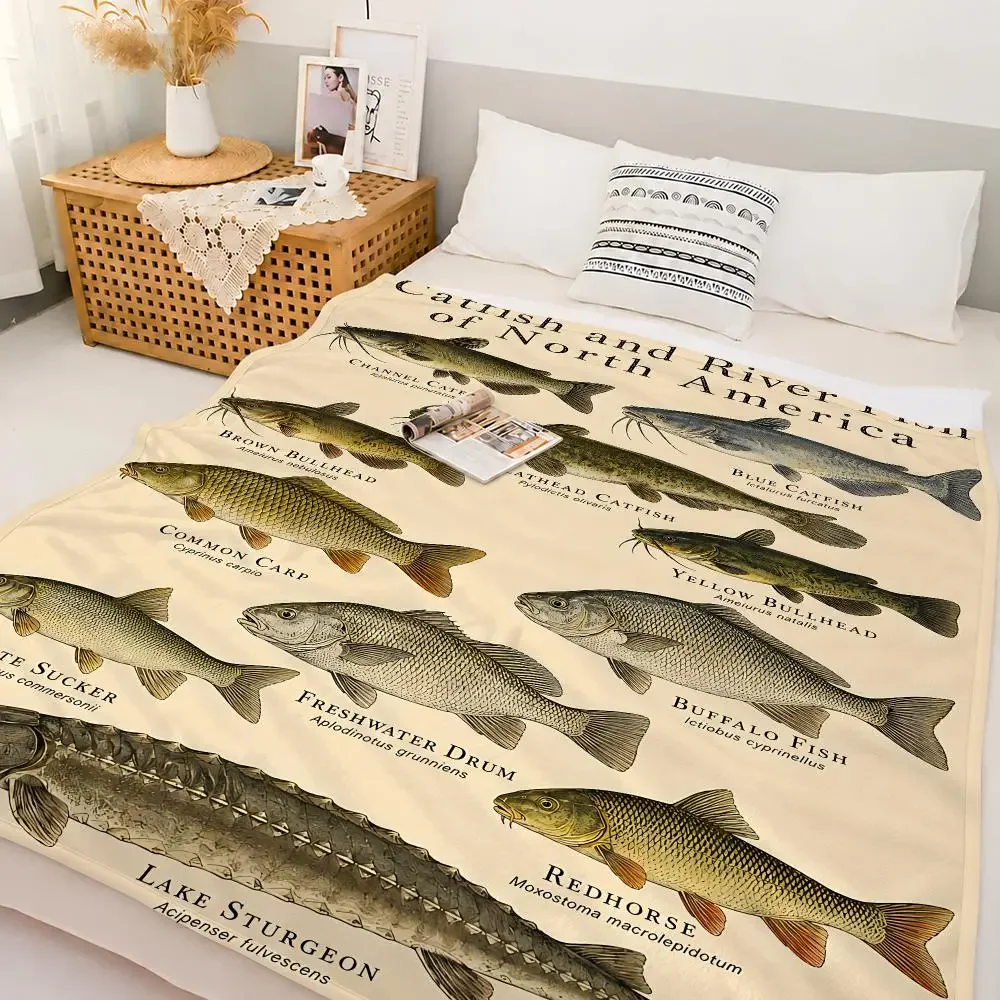 Vintage Print Freshwater Fish Throw Custom Printed Flannel Fleece Blanket for Sofa Bed Office Travel & Camping