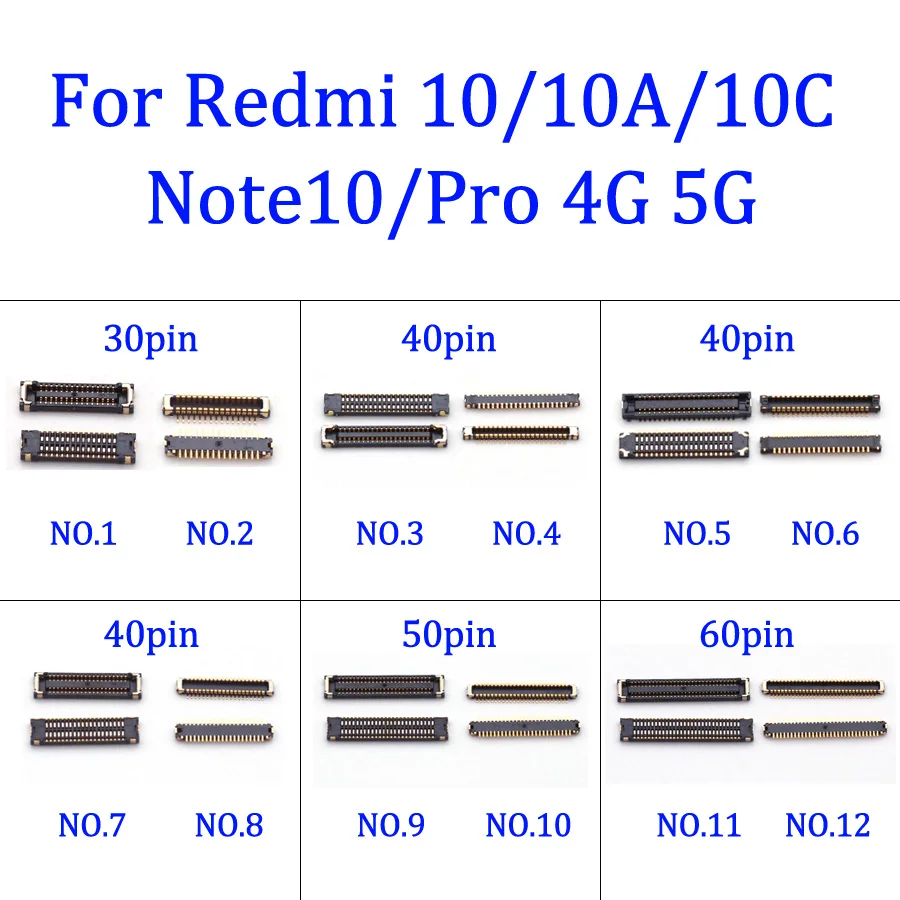 10pcs 40 50 60 Pin LCD Display Screen FPC Connector For Xiaomi Redmi 10/10A/10C Note 10 4G/Note10 Pro 5G Usb Charging Charger