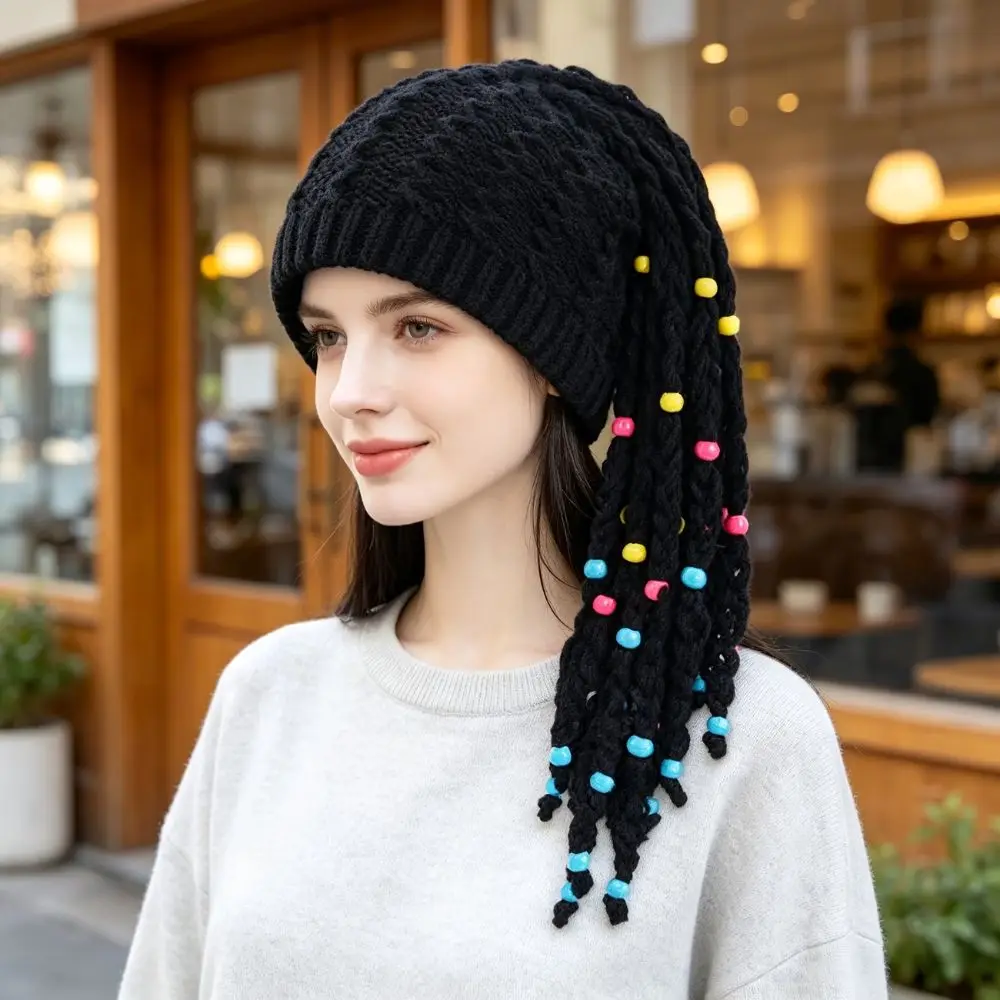 Warm Knitted Dreadlock Beanie Faux Braid Color Bead Decor Dreadlock Hat Integrated Braid Stretchy Faux Braid Hat Daily Outing