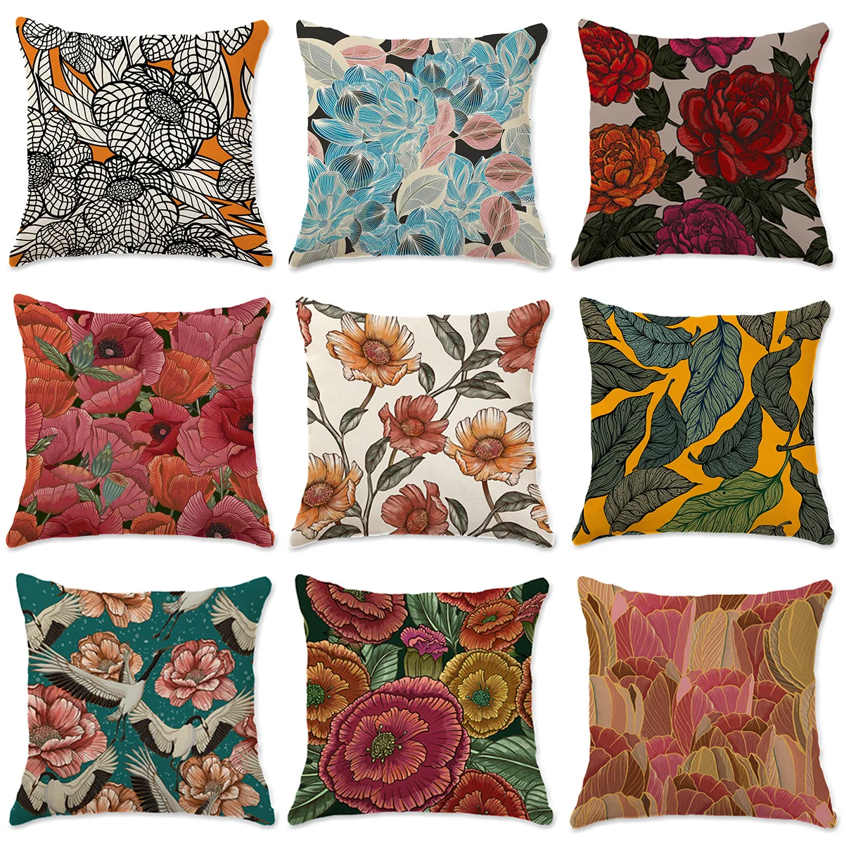 Retro hand-painted plant and flower line drawing digital printing pillowcase sofa backrest cover pillowcase