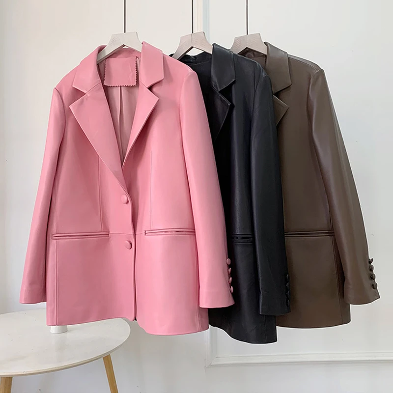 Julypalette Women Real Leather Blazer Coats 2024 New Lapel Collar Button Chic Office Ladies Genuine Sheepskin Leather Jackets