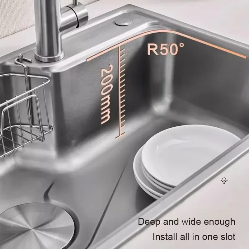 

【Best-selling】304 Stainless Steel Waterfall Large Thickened Nano Kitchen Sink Wash Basin and Pull-Out Faucet Kitchen Sink Set