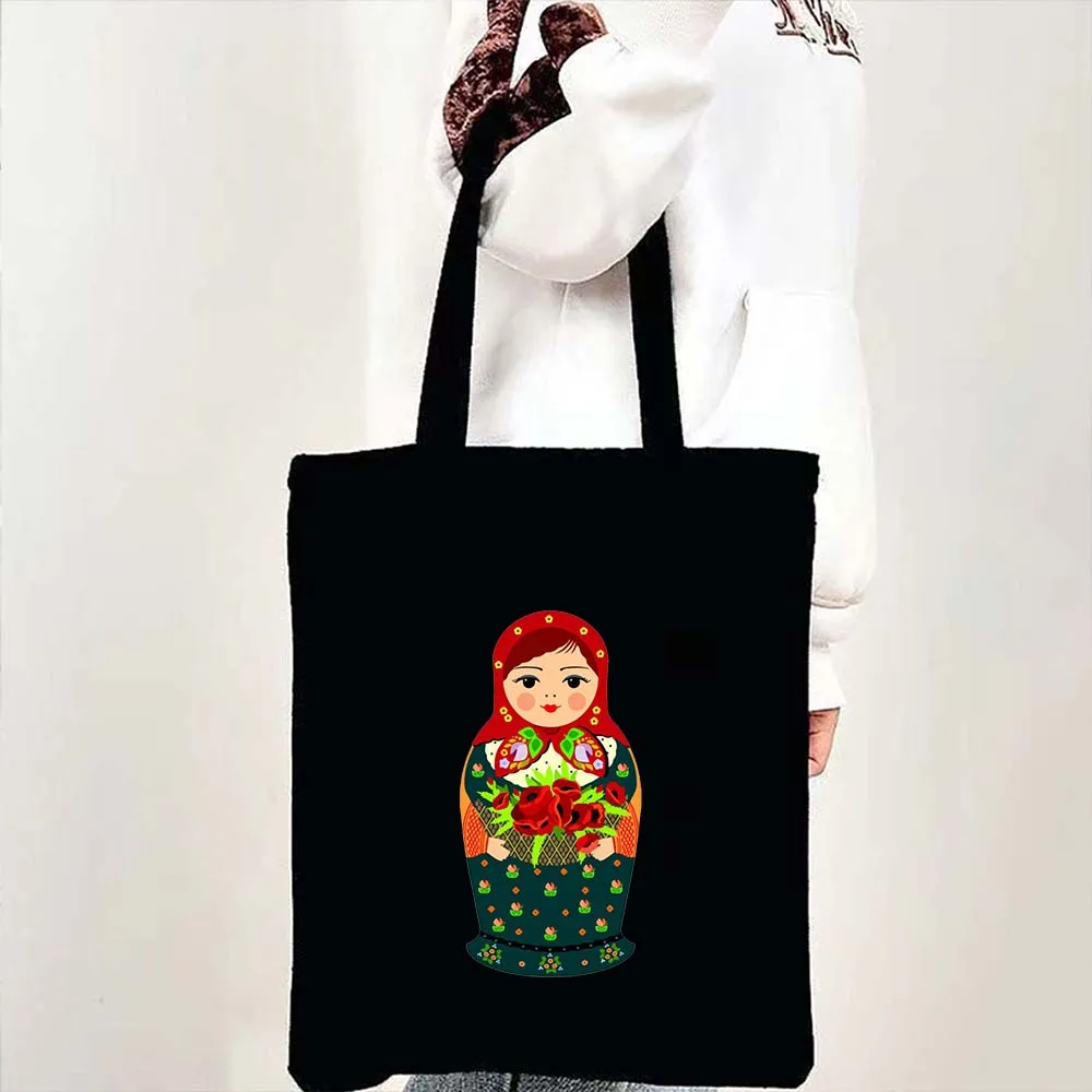 Cute Matryoshka Russia Tourist Nesting Doll Russian Flag Map Moscow Girl Women Shoulder Canvas Tote Bag Shopping Shopper Handbag