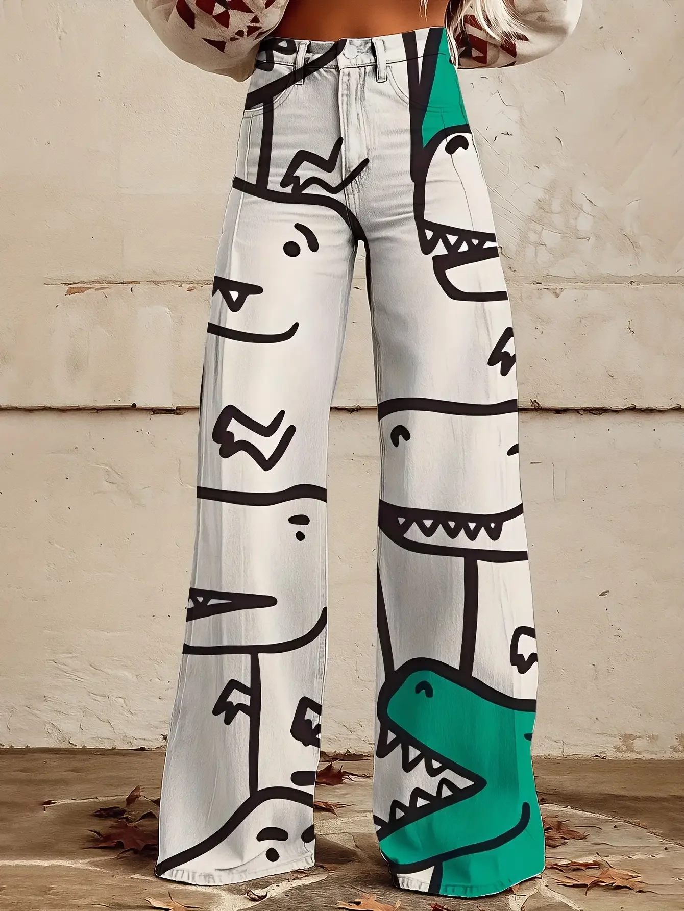

Women's new casual jeans with a variety of colorful western prints, loose wide leg design, and Cartoon dinosaur print pattern