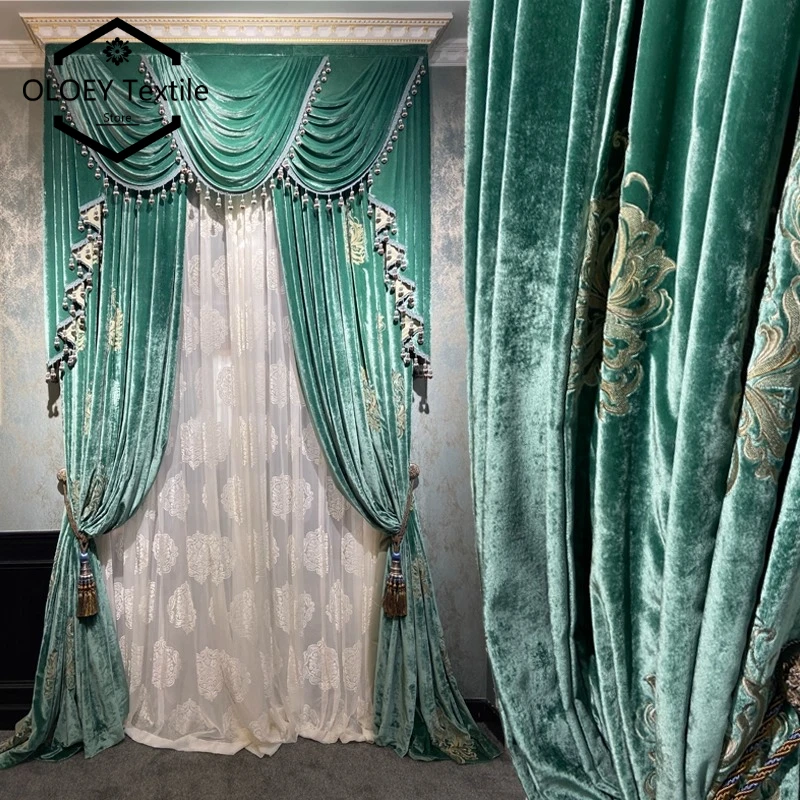 Green Silk Velvet Embroidered Vintage Window Valance Fashion Custom Size Curtains for Living Dining Room Bedroom Window Decor