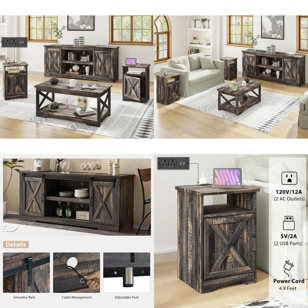 

Farmhouse Style 4-Piece Table Set: Sliding Barn Door TV Stand, Coffee Table, and Two End Tables with Charging Station