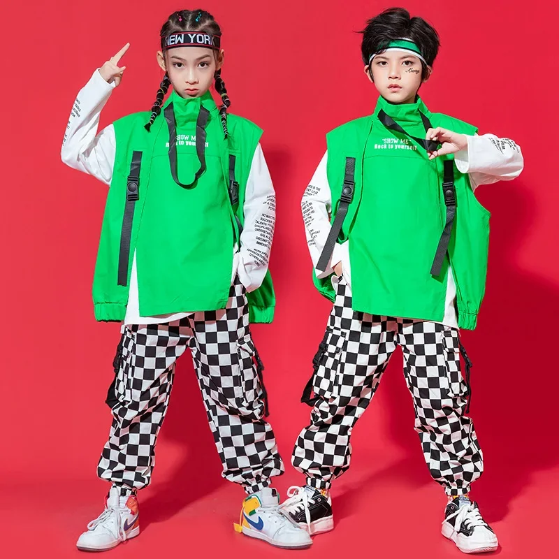 Street-Dance-Set für Kinder, trendige Marke für Jungen, hübsche Weste, langärmelige karierte Hose, Hip-Hop-Performance-Anzug, Jazz-Da für Mädchen