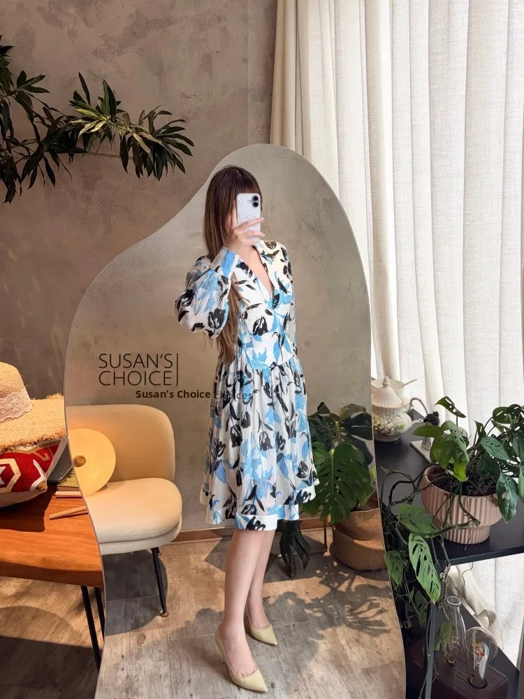 

Платье-рубашка женское повседневное Susan Fashion: весенне-летнее, свободное, с принтом, с длинным рукавом, синее, для повседневных образов