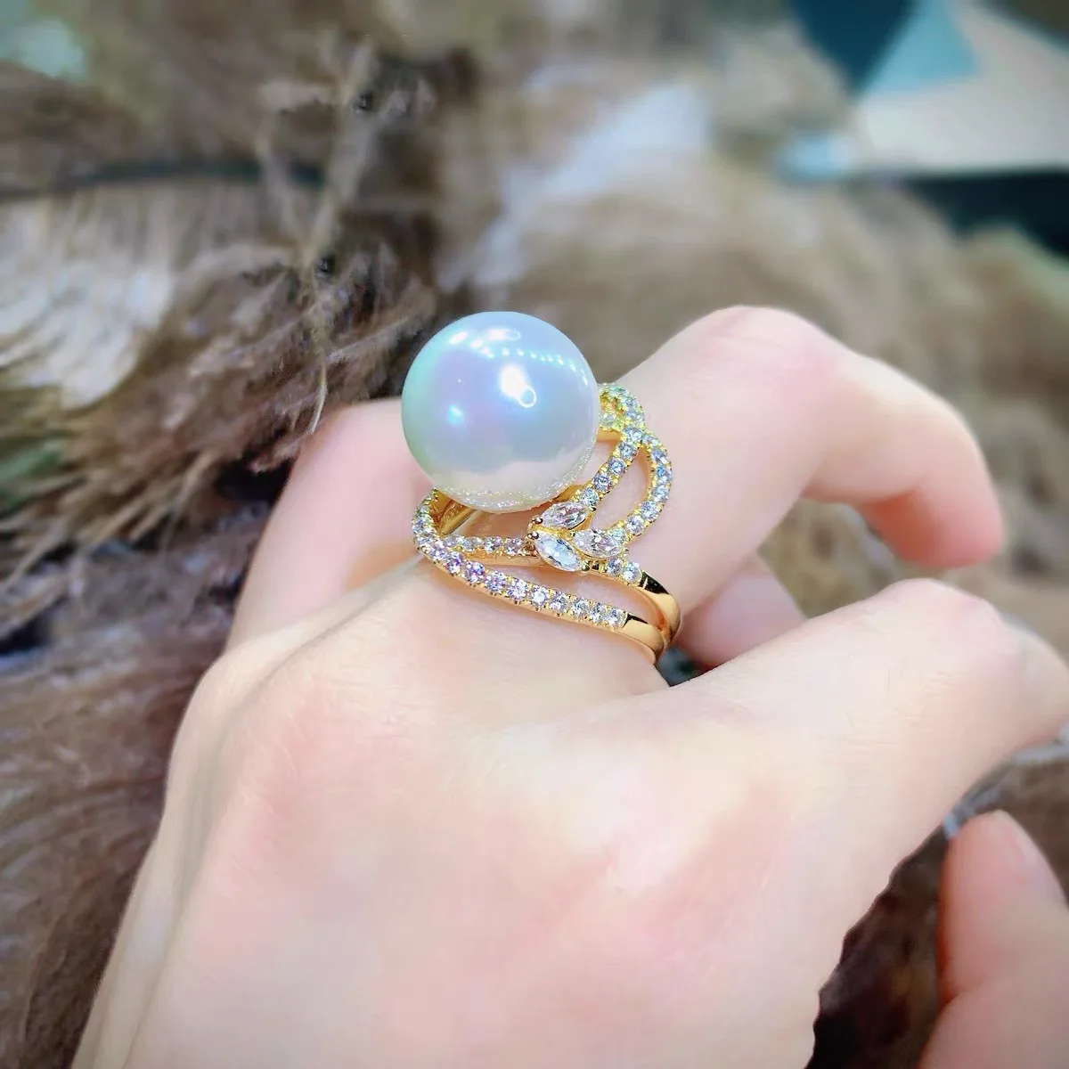 

Women's 13-14MM Round Pearl Rings Luxury 925 Sterling Silver & 18K Yellow Gold Rings Cocktail Jewelry Gift