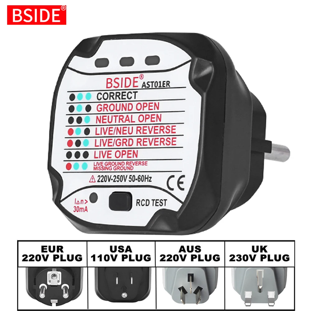 

BSIDE AST01 Electric Socket Tester EU US UK AU Plug RCD GFCI Test Outlet Ground Zero Line Plug Polarity Phase Wall Check