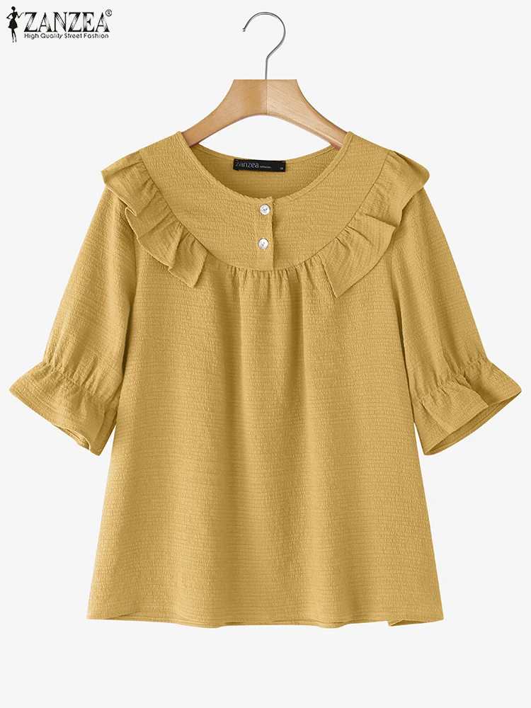 

ZANZEA Short Seeve Ruffled Blouse 2025 Summer Shirts Women Fashion OL Work Tunic Oversized Casual Loose Solid Color Pullovers