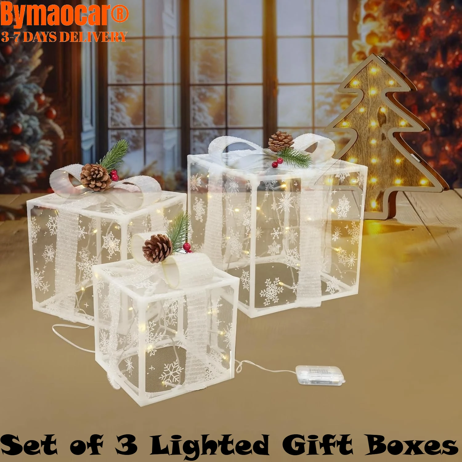 

Набор из 3-х рождественских подарочных коробок с подсветкой, 50 светодиодов, теплый подарок с сосновыми шишками, лентами и бантами в виде снежинок для использования в помещении и на открытом воздухе