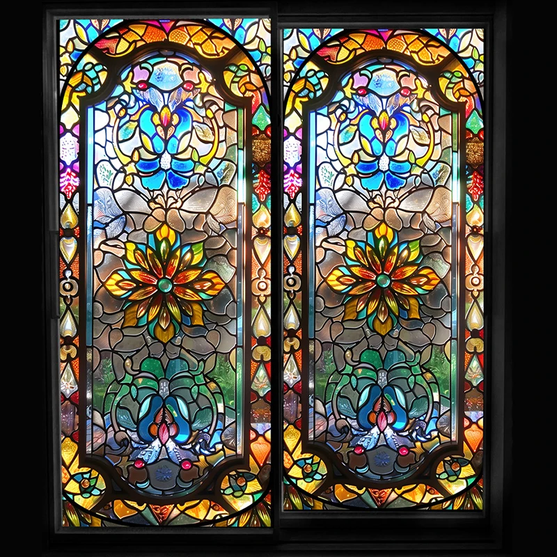 

Retro Church Privacy Windows Film Colorful Stained Glass Stickers Opaque Self-Adhesive Balcony Home Decor Art Glass Film