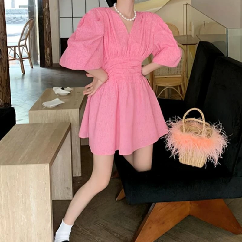 

French Retro Summer Floral Dress with Puff Sleeves V Neck Elastic Waist Ruffle Short Skirt