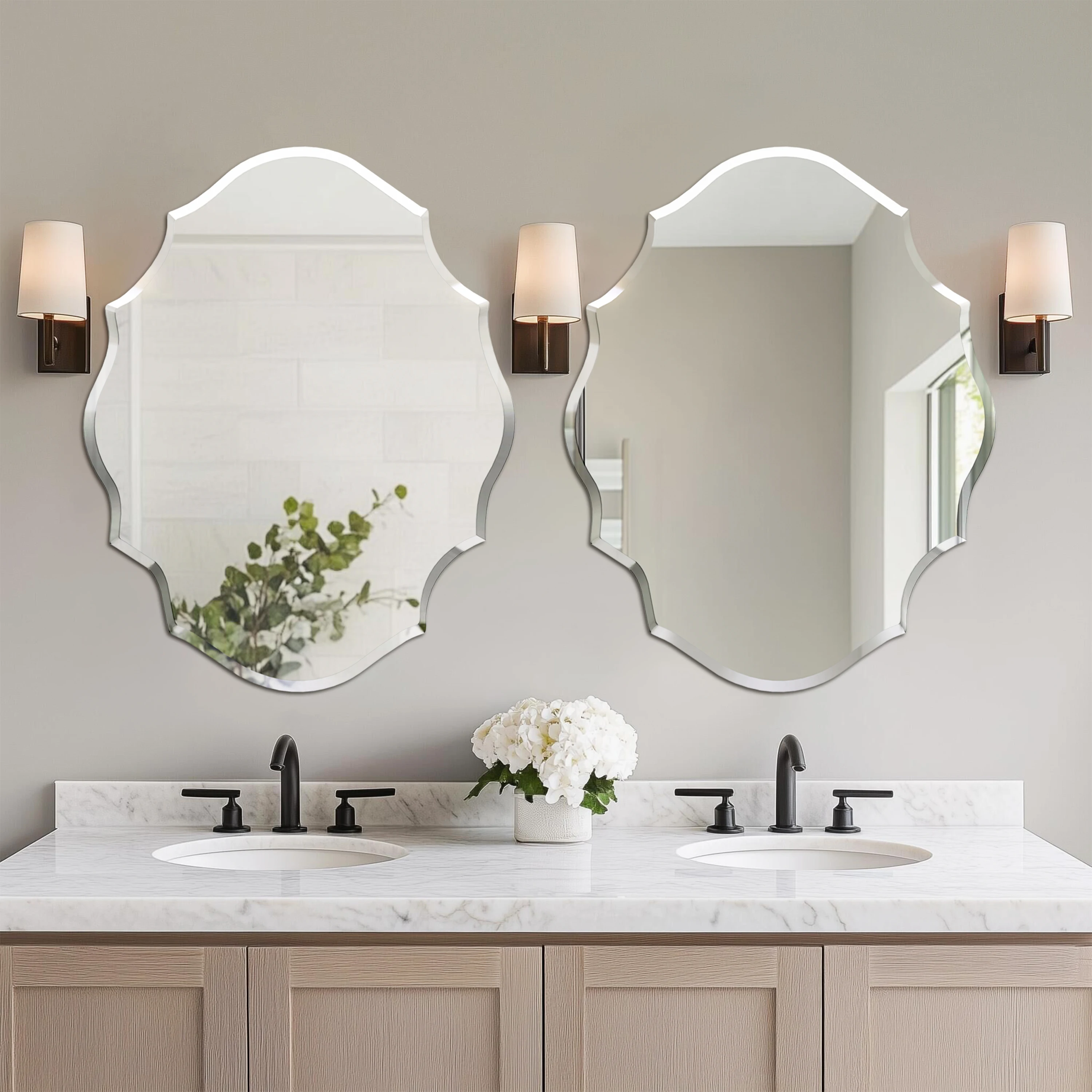 Frameless Scalloped Wall Mirror Decor Scallop Oval Mirror Vanity w Beveled Edge for Bathroom Bedroom Livingroom Diningroom Entry