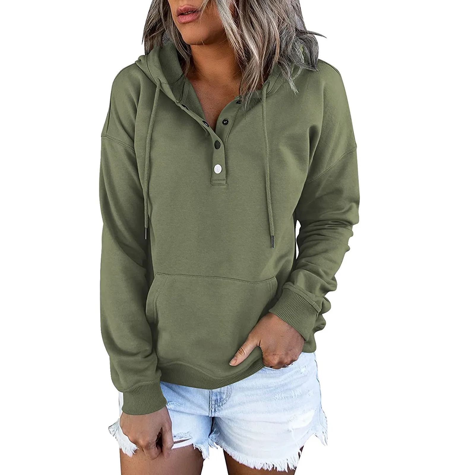 Europäischer und N Damen-Kapuzenpullover mit langen Ärmeln, lockerer, lässiger Kapuze und Kordelzug – Detail 11