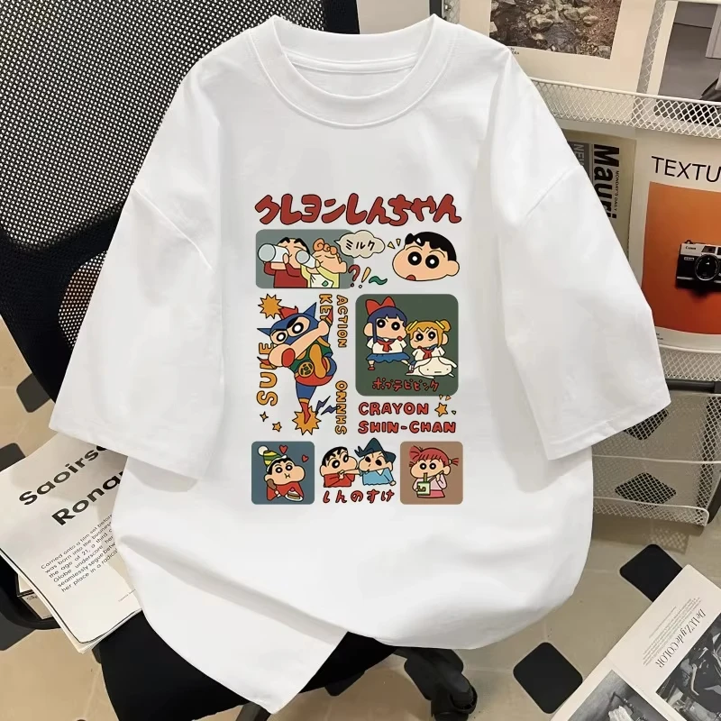 

2025 Summer Crayon Shin-chan Cartoon Character T-shirt Harajuku Pattern Print American Sexy Women's T-shirt
