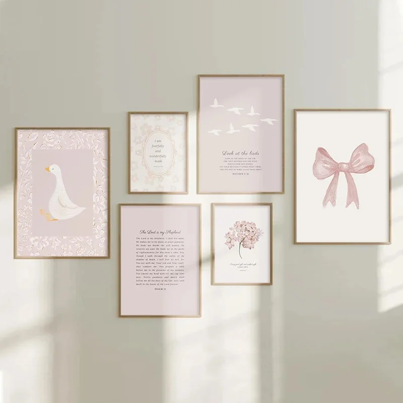 Pink Boho Bow Field Garden Canvas Painting Christian Bible Scripture Art Poster Gallery Wall Girls Bedroom Furniture Wall Art
