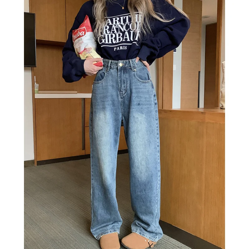 

Light Blue Hole High Waist Women Jeans Stars American Fashion Streetwear Wide Jean Female Trouser Straight Baggy Denim Pants