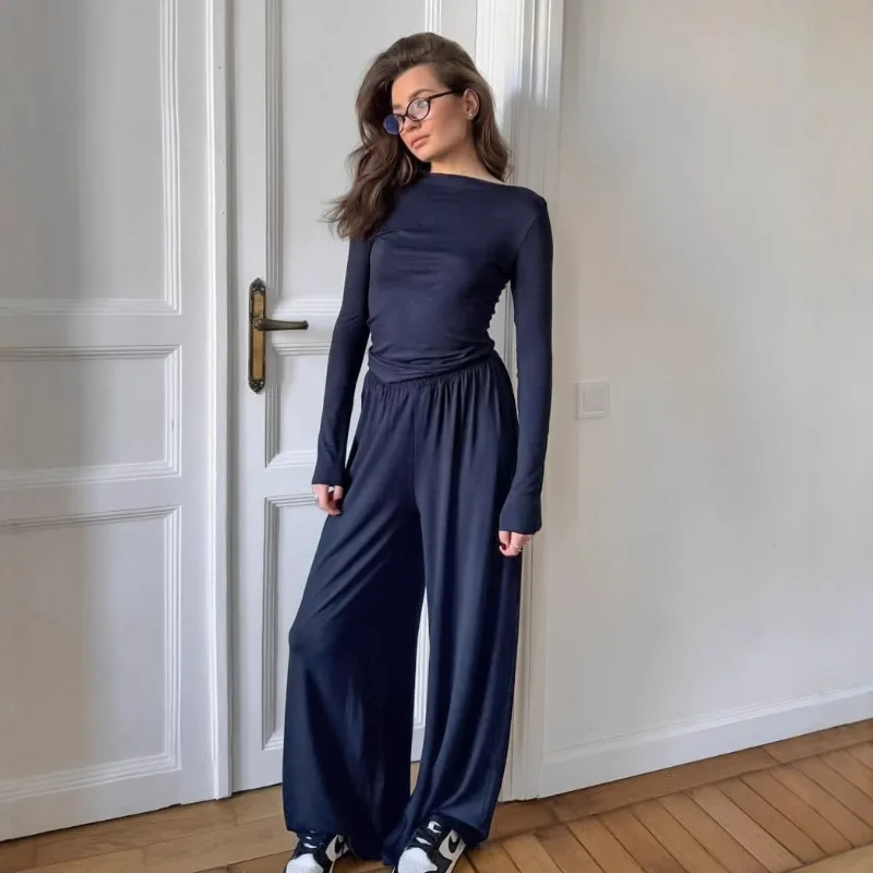 Autumn Fashion Knitted Sexy Slimming Long-sleeved Top Mid-waisted Wide-leg Pants Milk Silk Casual Set Simple Women's Clothing