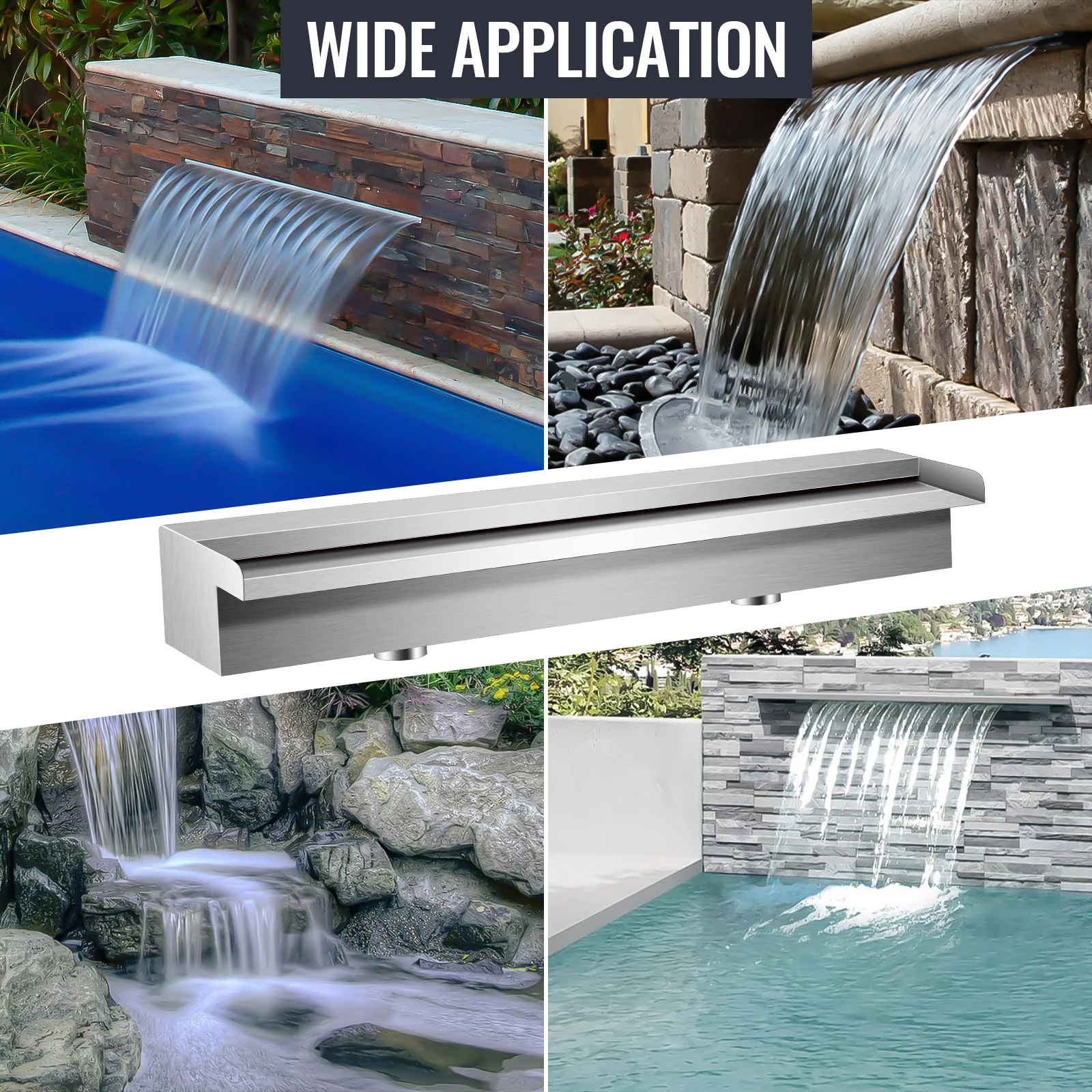 23.6‘’  Stainless Steel Waterfall Fountain Spout Rectangular Pool Water Spillway for Swimming Pool Pond Garden Landscape Water