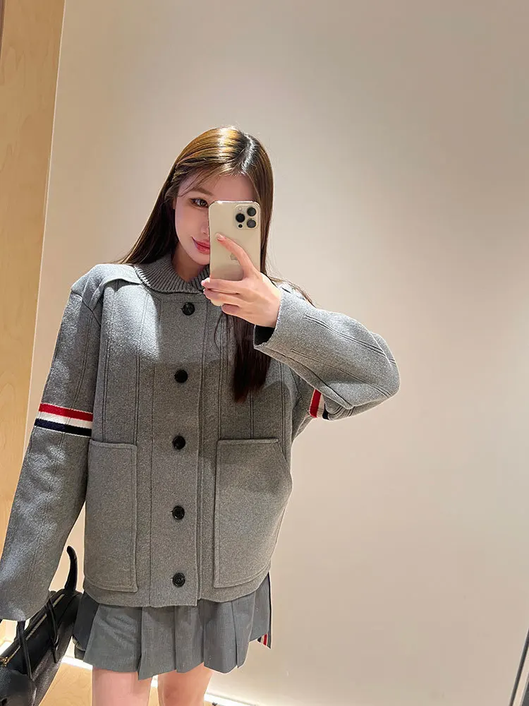 

Высококачественный цветной вязаный тяжелый открытый кардиган в полоску Blo Sve, женский свободный повседневный свитер с воротником на пуговицах