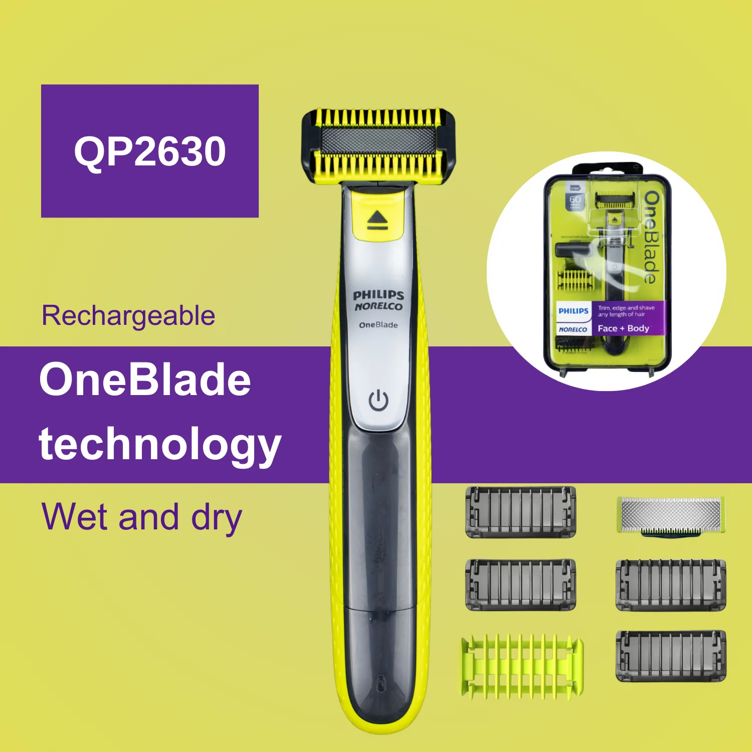 Philips Norelco OneBlade QP2630/70, Wet/Dry, Face and Body, Dual protection system