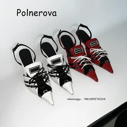 Patchwork Patent Sandals Slippers Mid-Heel Cross Tied Women's Shoes Metal Buckle Back Strap Summer Casual Fashion All-Match Shoe